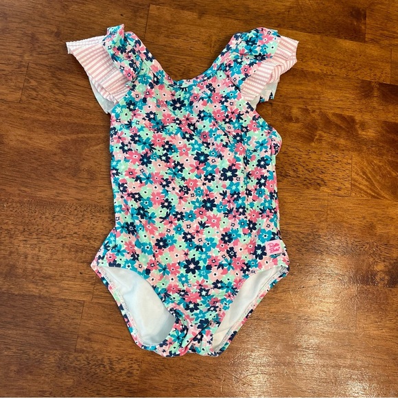 Ruffle Butts pink blue Floral Ruffle Sleeve Swimsuit one piece size 4T - Picture 1 of 4